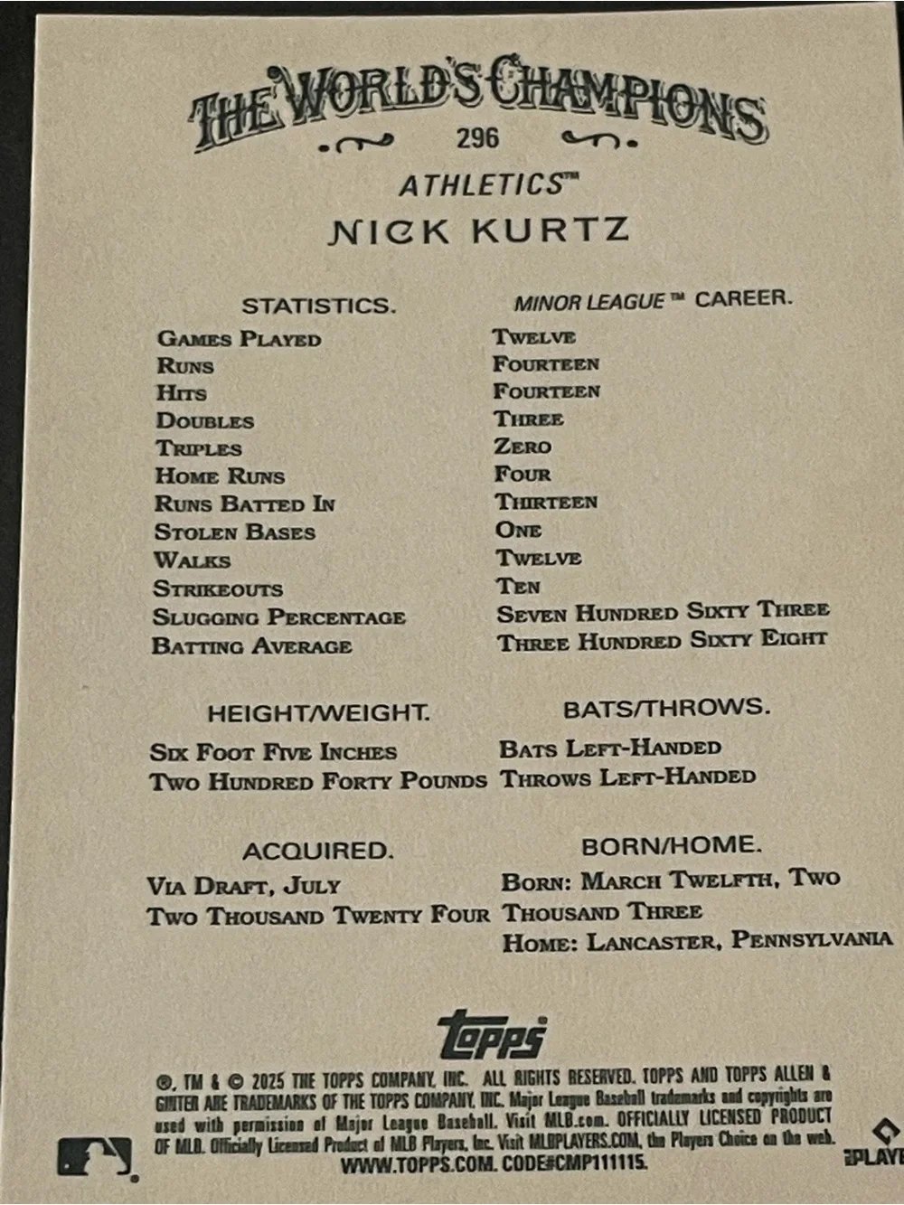 Topps 2025 Allen & Ginter Nick Kurtz #296 Athletics Rookie Card